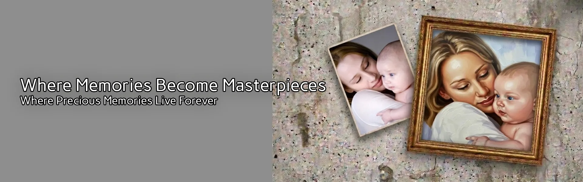 Custom mother and baby portrait painting showing photo‑to‑art transformation in ornate frame.